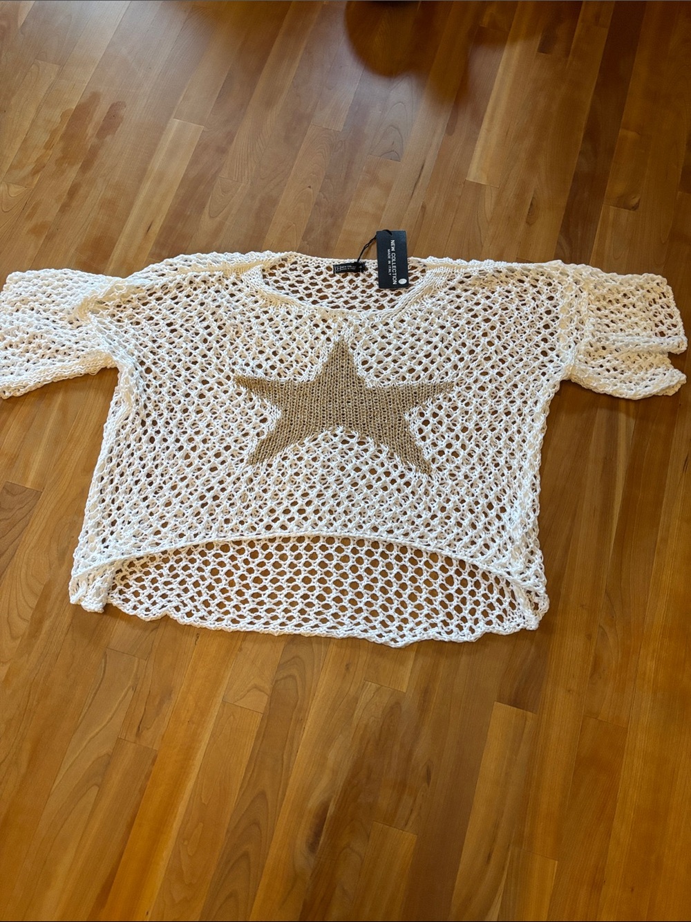 White Open-Knit Crop Sweater with Gold Star Accent Made in Italy